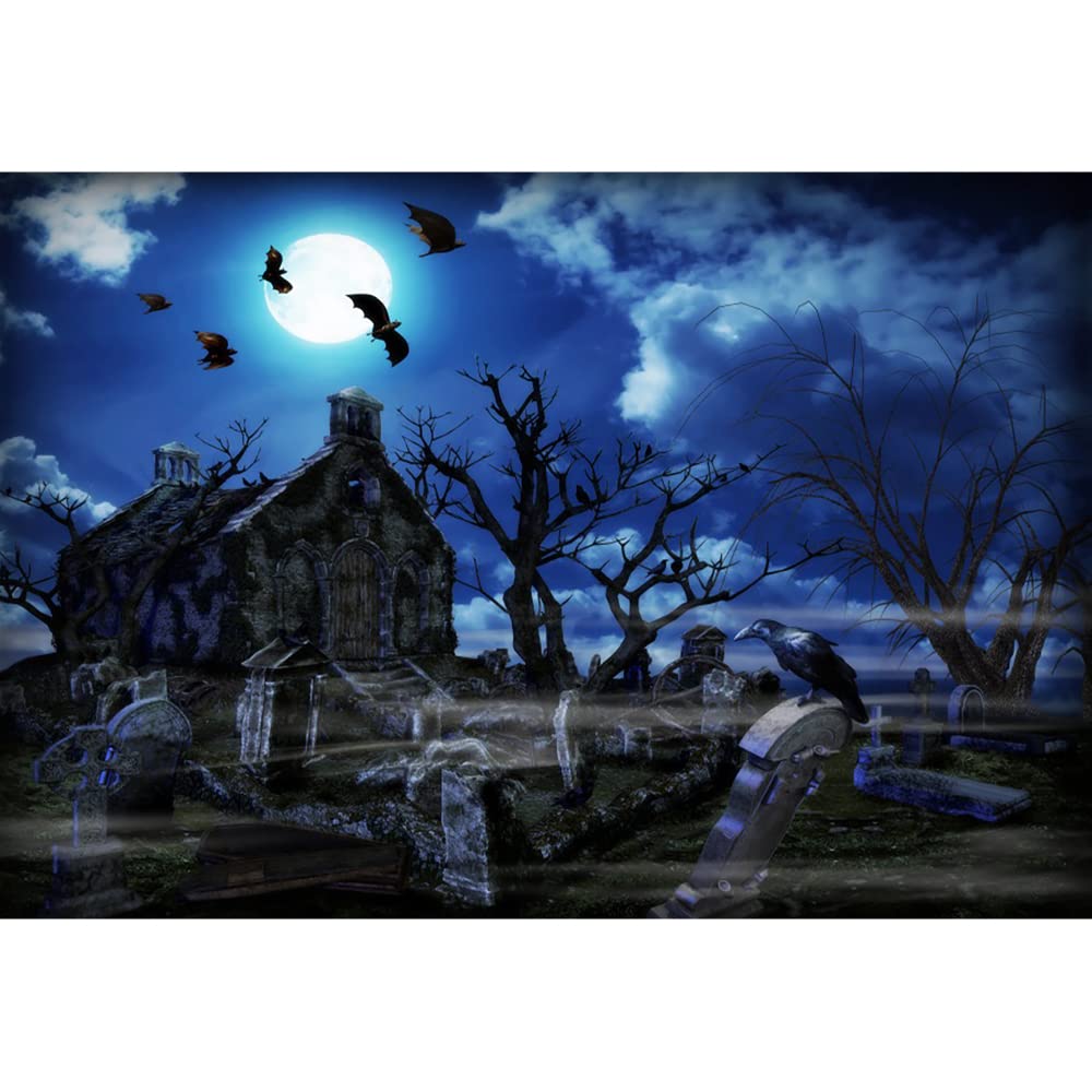 Aoihrraan 2,7x1,8m Halloween Graveyard Backdrop Tombstone Full Moon Bats Midnight Gloomy Cemetery Photography Background Horrible Theme Party Decor Supplies Kids Adults Portrait Photo Studio Props