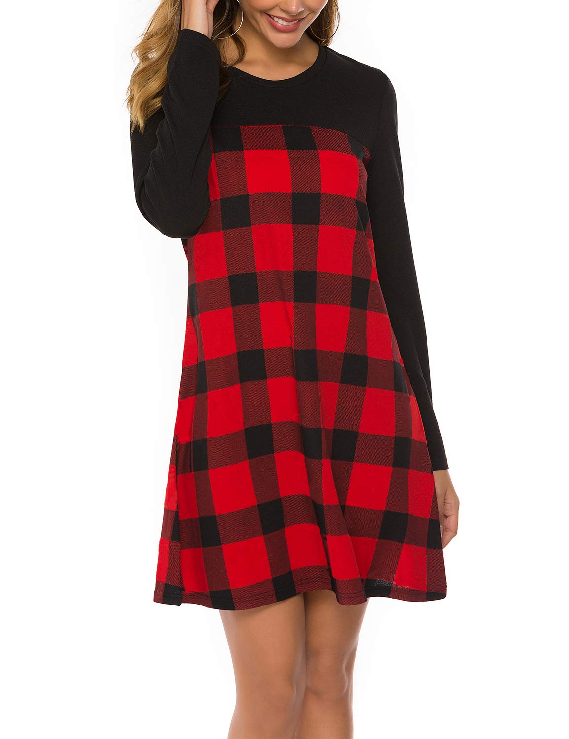 Blooming Jelly Women\'s Casual Plaid Dress Long Sleeve Round Neck Color Block Swing Tunic Dress(S, Red)