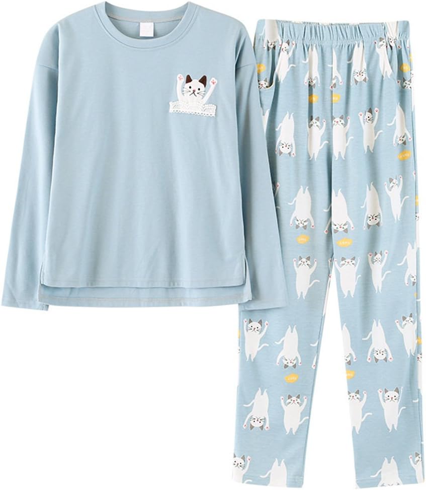 PajamaMax Ladies Cat Embroideried Crew Neck Long Sleeves 2-Piece Sleepwear Pajama Set