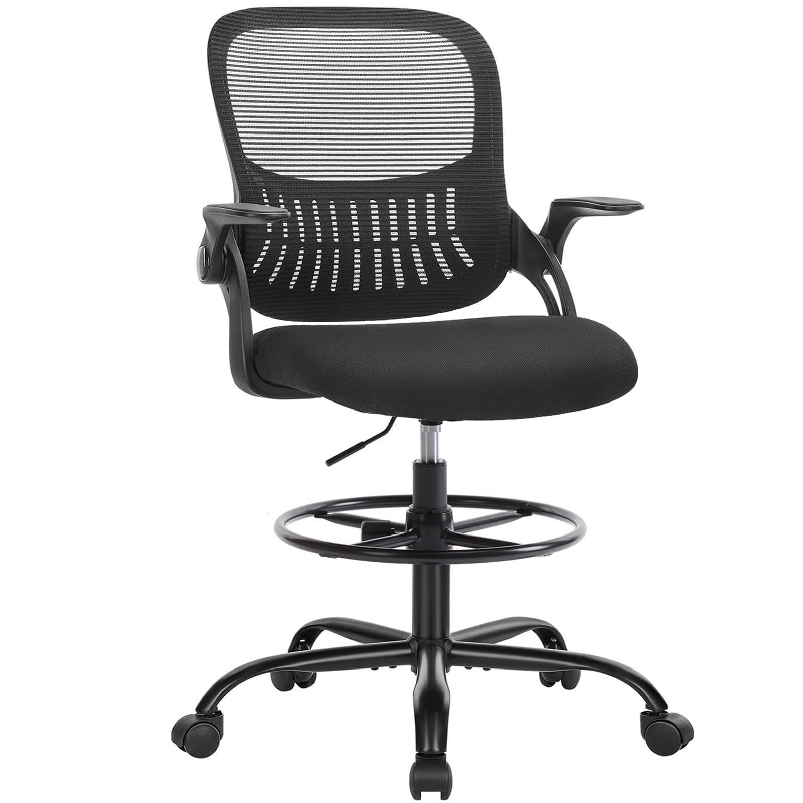 Photo 1 of **MINOR USE WEAR**SMUG Drafting Chair with Flip-up Arms, Height Adjustable Standing Tall Office Desk Chair with Foot Ring, Ergonomic Swivel Computer Chairs with Rolling Wheels, Black