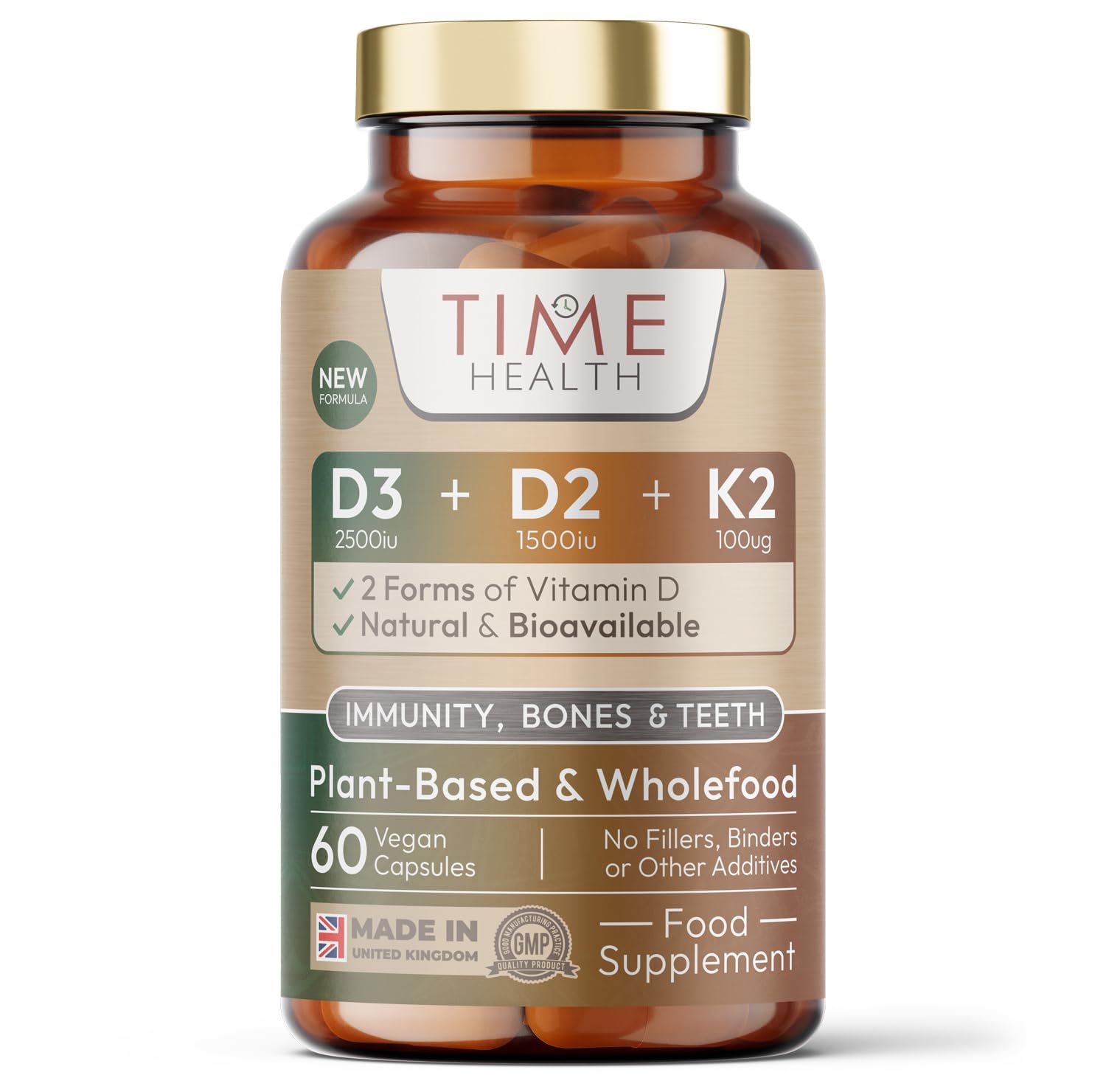 Vitamin D3, D2, K2, Natural Wholefood Plant Based - Zero Additives - Pullulan (60 Capsules)