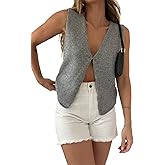 Fernvia Women's V Neck Sleeveless Button Down Crochet Vest Top