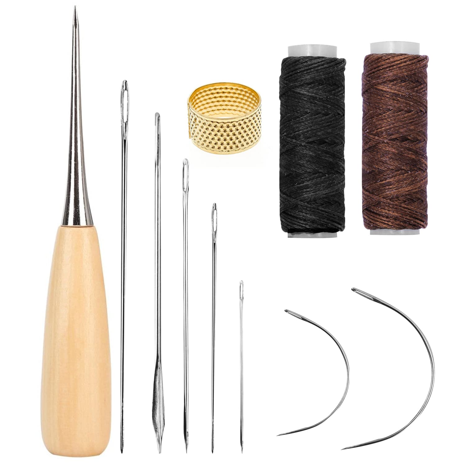 Tinsellns 11Pcs Leather Repair Kit, Leather Stitching Kit with Waxed Thread Sewing Needle, Needle and Thread Kit for Leather Bags, Sofas, Wallets, Black,Brown