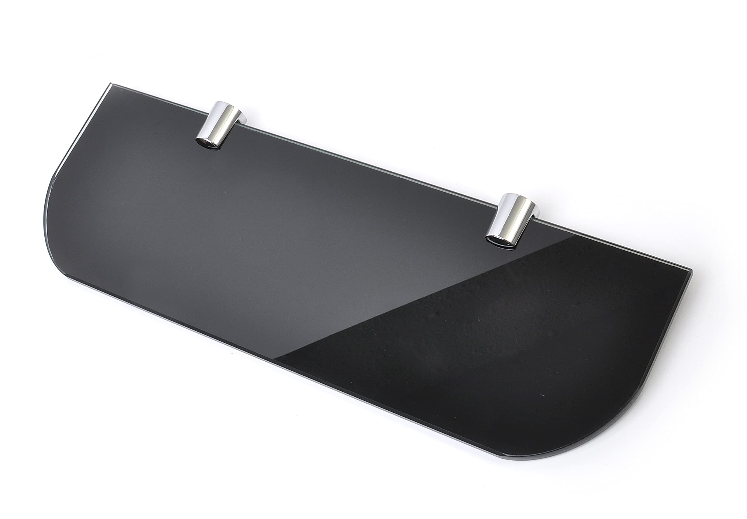 BSM Marketing 300mm (12" Approx) by 100mm Gloss Black 6mm Thick toughened Safety Glass Shelf with Curved Edges and Chrome Shelf Supports