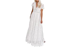 LCZIWO Women's Lace Maxi Dress Sexy Floral Hollow Out V Neck Short Sleeve Empire Waist Plain Long Evening Party Dress