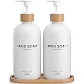 Hand and Dish Soap Dispenser Set,16oz Glass Bottles with Printed Labels, Bamboo Tray & Pump,Countertop Soap Dispensers for Kitchen,Luxury, Minimalist & Farmhouse Decor (Hand Dish (White))