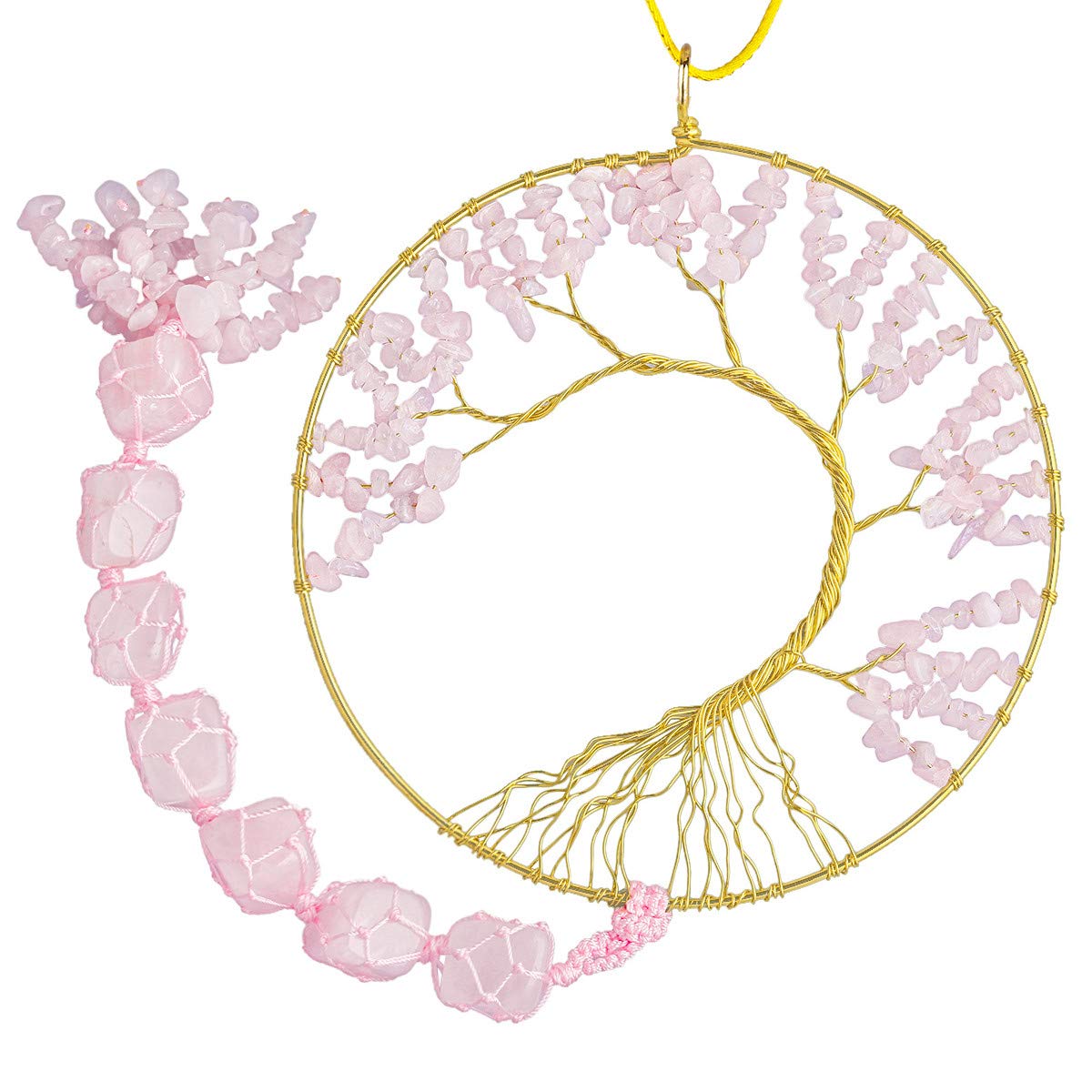 Nupuyai Rose Quartz Healing Crystals Tree of Life Wall Hanger, Tumbled Gemstones Meditation Hanging Ornament Window Wedding Home Decor, 15cm Width