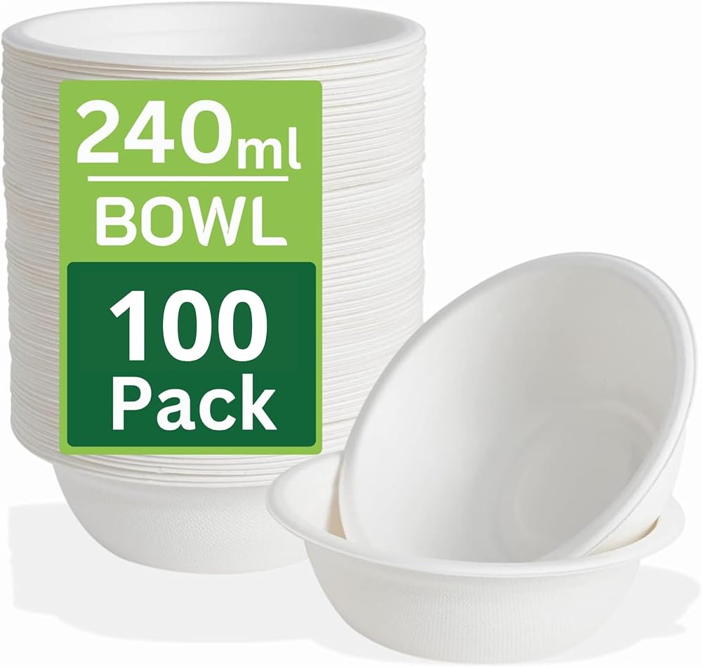 Ask Packaging 240 ml Bagasse Bowls - 100 Pack, Biodegradable Microwavable