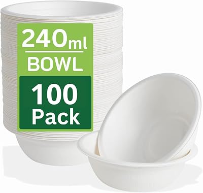 Ask Packaging 240 ml Bagasse Bowls - 100 Pack, Biodegradable Microwavable