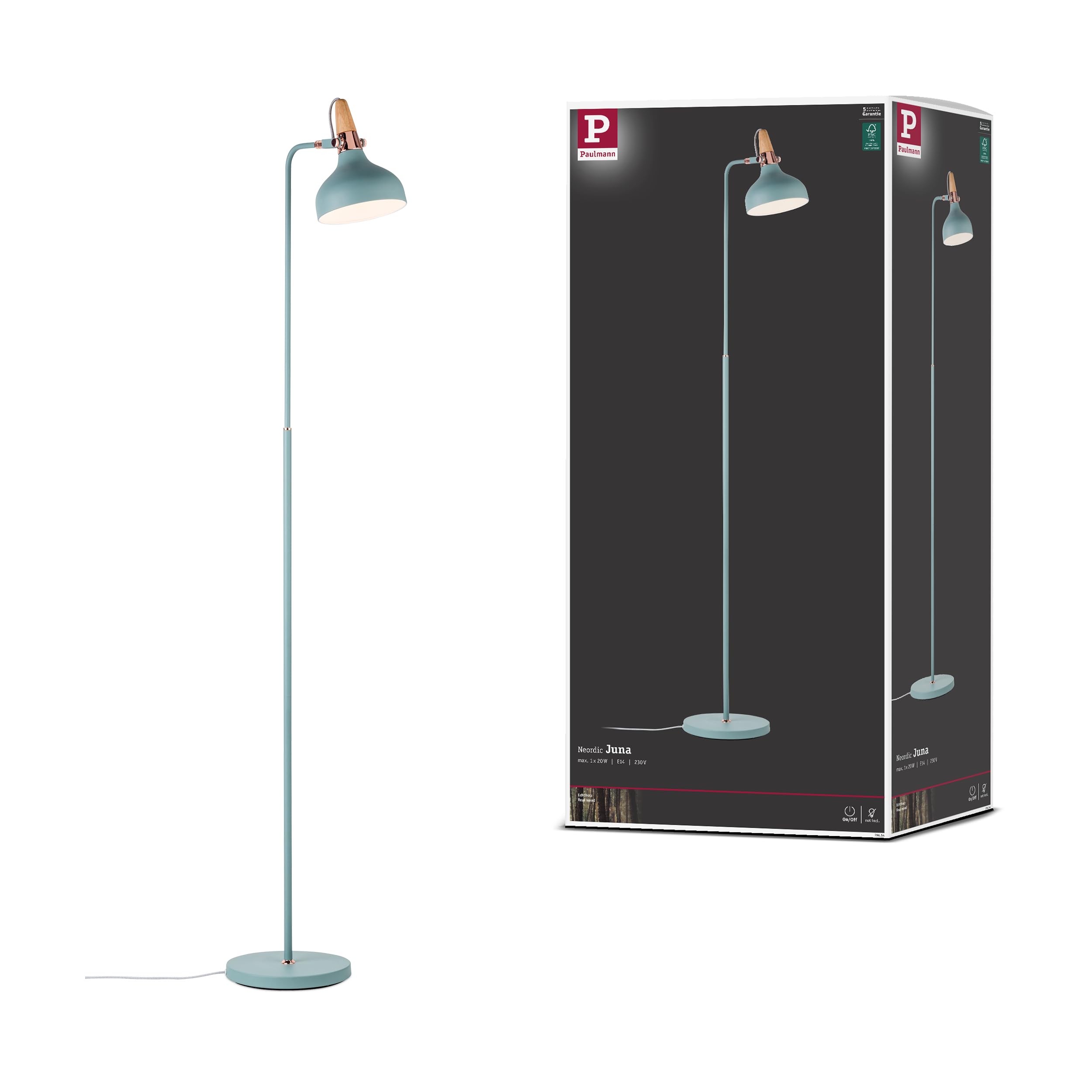 Paulmann 79654 Neordic Juna Floor luminaire max. 1x20W Floor lamp for E14 Lamps Floor luminaire Soft Green/Copper/Wood floodlight 230V Without lamp