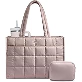 LOVEVOOK Tote Bag for Women, Puffer Work Handbag 15.6 Inch Laptop Purse for Nurse Teacher, Large Quilted Travel Tote Shoulder Bag with Zipper for College Office Clinical Gym, ‌Smoky Blush