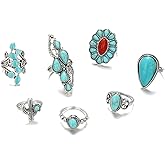 LadayPoa 3/7Pcs Vintage Turquoise Ring Set for Women, Bohemian Cactus Leaf Flower Knuckle Stackable Rings, Chunky Stone Long Water Drop Finger Ring Pack Bohe Western Beach Jewelry Gifts