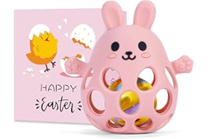 ROISDIYI Easter Baby Teething Toys Easter Basket Stuffers for Babies Bunny Infant Rattle Teether Toy Easter Gift Teething Pain Relief for Newborns Babies Boys Girls (Baby Pink)