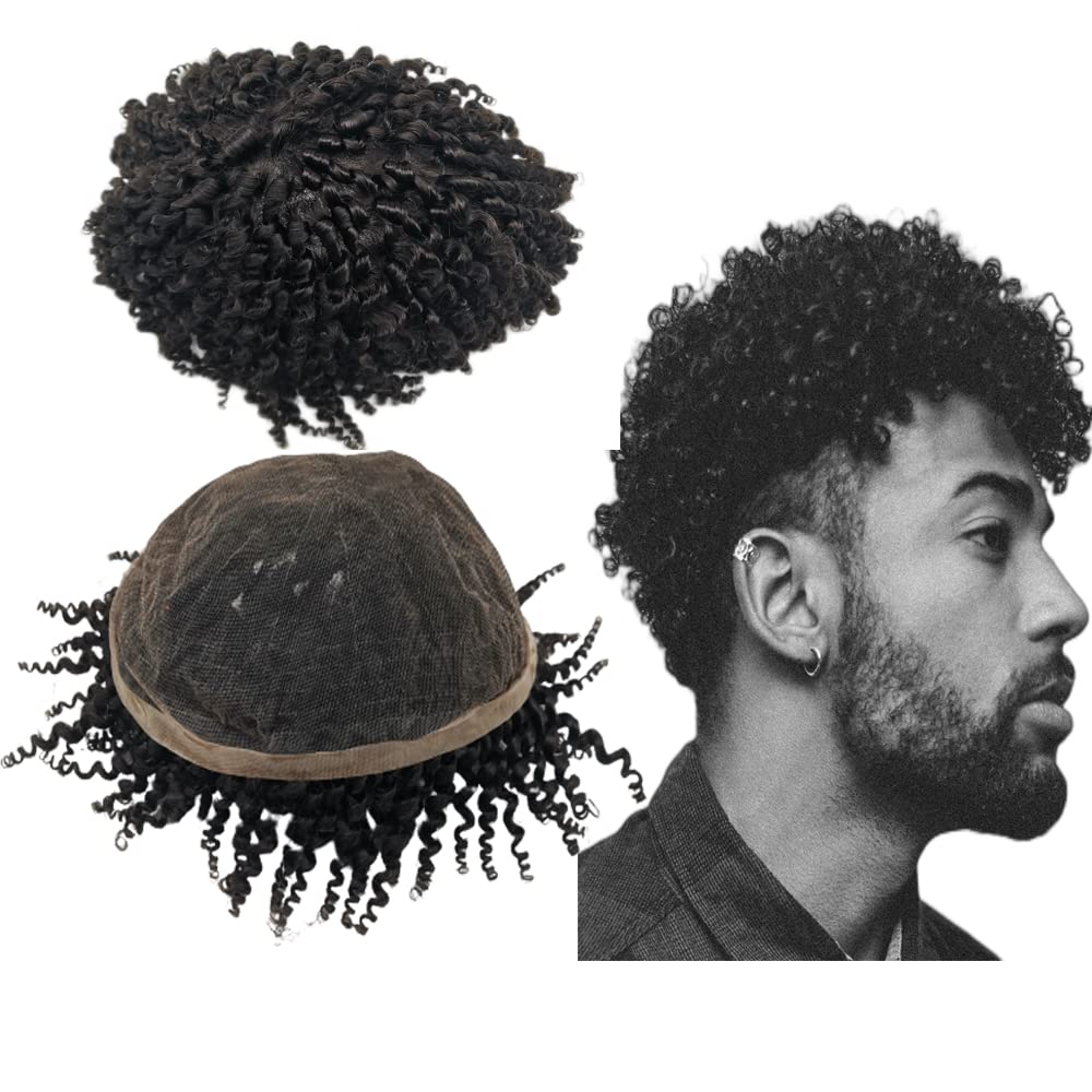 Afro Curl Dreadlock Toupee for Black Men African Braids Yanahair hair pieces Mens Replacement System Lace Hairpiece Real Human Hair Breathable Lace Hair System (10X8",8mm curl,#1 Jet Black)