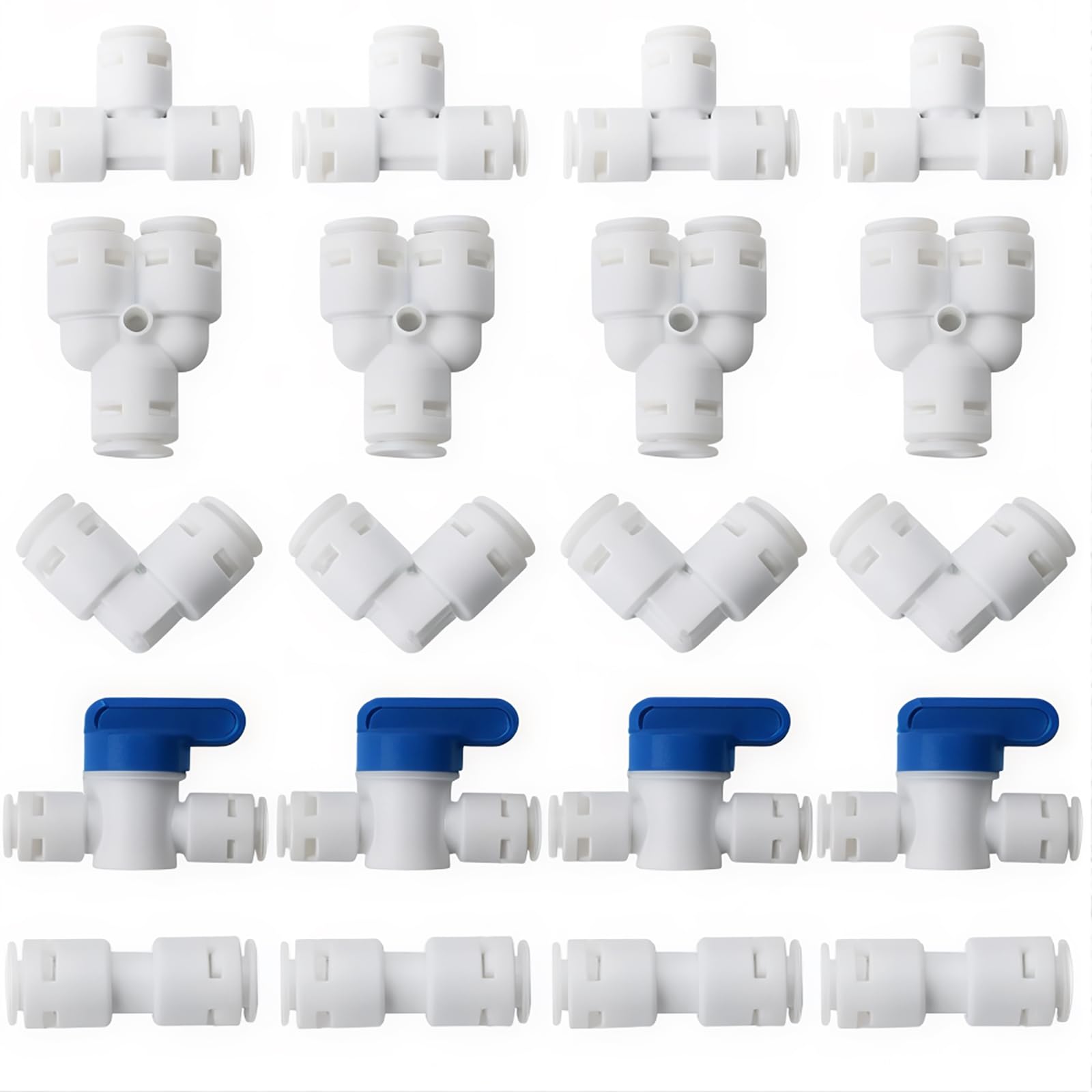 CESFONJER 20 Pcs RO Water Filter Fitting,1/4"Pushfit Straight Connector for Water Pipe, Push in to Connect Water Tube Fitting (Y+T+I+L Type Combo + Shut-Off Valve) Upgraded Version Without Blue Buckle