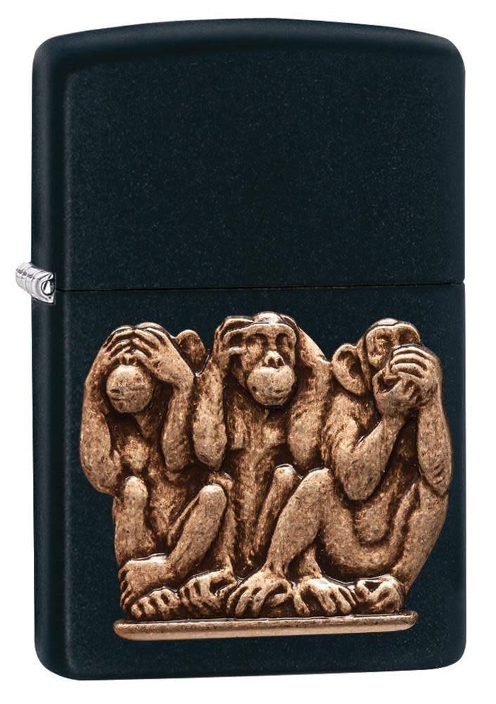 Zippo Windproof Lighter - Three Monkeys - Black Matte - Emblem Attached - Refillable - Reusable - Gift Box - Made in USA