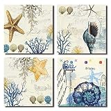 Blue Seashell Starfish Wall Art Decor Contemporary Seascape Canvas Print Painting for Home Bathroom (Blue, 12x12inchx4pcs)
