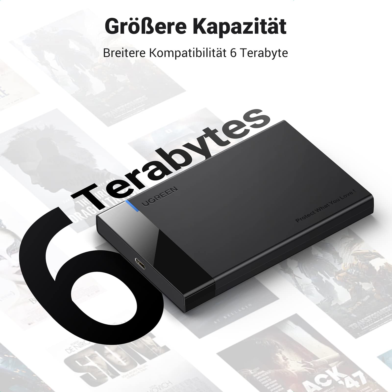 UGREEN Festplattengehäuse 2,5 Zoll Externes Gehäuse für 2.5 Zoll SSD und HDD, UASP unterstützt, werkzeugfreie Montage, USB C 3.2 Gen 2 auf SATA III bis zu 6 Gbps SATA Gehäuse mit USB C 3.1 Kabel 5