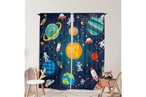 Yilinata Outer Space Window Curtains for Kids Boys Girls Universe Planet Galaxy Astronaut Baby Living Room Bedroom Nursery Toddler Home Rod Pocket Drapes Party Decor Durable Fabric 84 in x 84 in