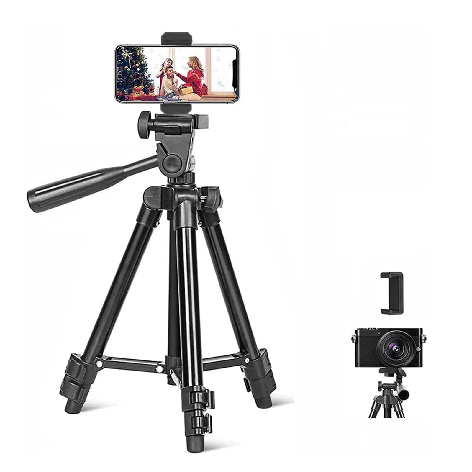 Mini Tripod, CC065 Aluminum Camera Tripod phone tripod Tabletop Travel Tripod with 3-Way Pan Head and Cellphone Holder, for Photo Tik Tok YouTube Videos