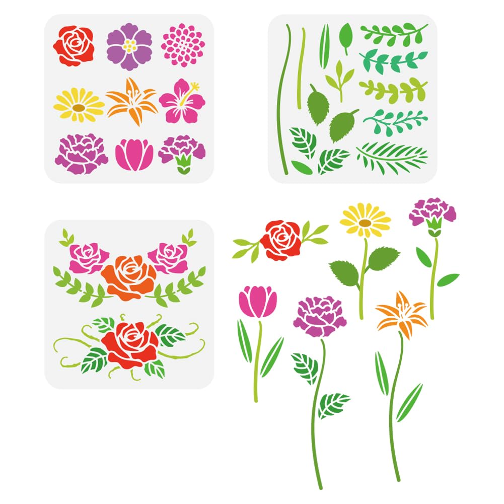 FINGERINSPIRE 3pc Combination Flowers Painting Stencil 20x20cm PET Plants Themes Spraying Reusable Hibiscus Rose Dahlia Daisy Lily Tulip Carnation Pattern Wall Stencil Template