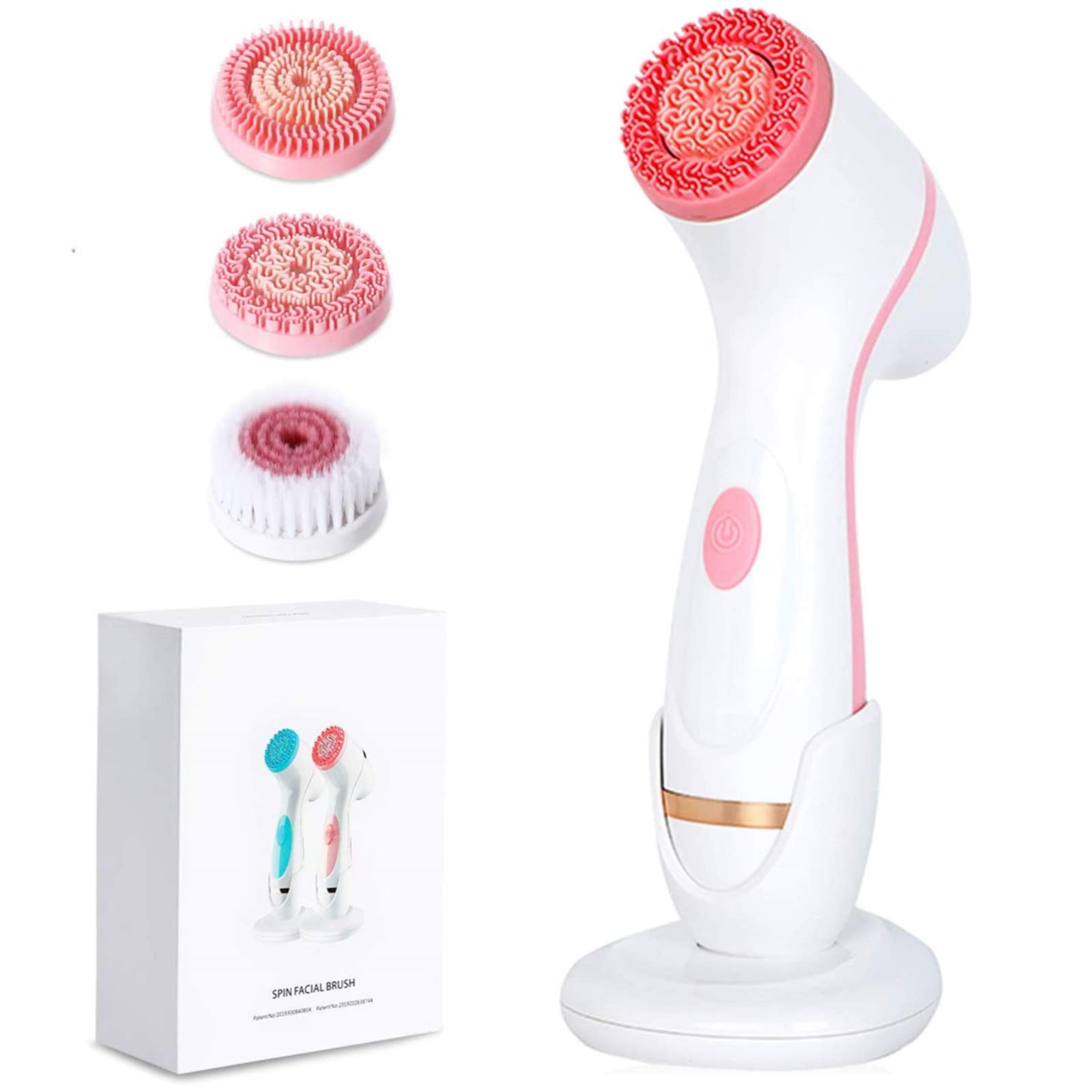 WingFly Facial Cleansing Brush - 3 Heads USB Charging Spin Brush - Deep Cleansing, Gentle Exfoliation, Massaging Blackheads Removal - Pink