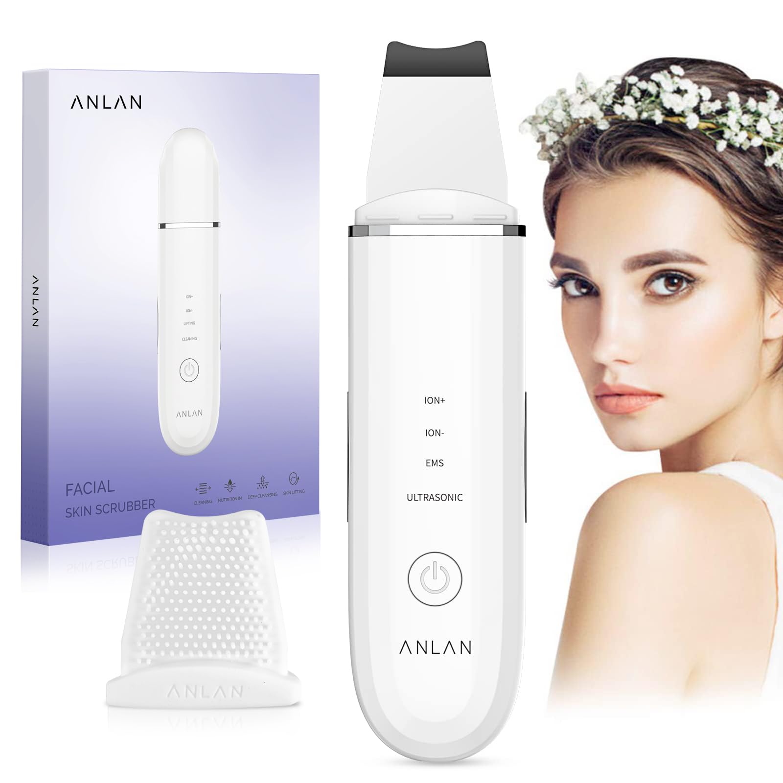 Skin Scrubber, ANLAN Ultrasonic EMS Ion Exfoliating Device Face Cleanser and Blackhead Remover Pores Cleaning Wrinkle Remover Comedone Extractor Skin Care with 4 Modes USB Rechargeable