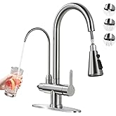 Kitchen Faucet with Water Filter Faucet, Brushed Nickel Stainless Steel Drinking Water Faucet, High Arc 2 Handle Kitchen Sink Faucet with Pull Down Sprayer for Kitchen Sink Farmhouse Bar
