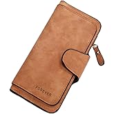 SUVERCH Womens Long Leather Wallet, RFID Blocking Leather Pocket Wallet Ladies Mini Purse with ID Window