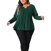 Agnes Orinda Plus Size Tops for Women Notched Neck Long Sleeve Front Pleated T-Shirt Blouses