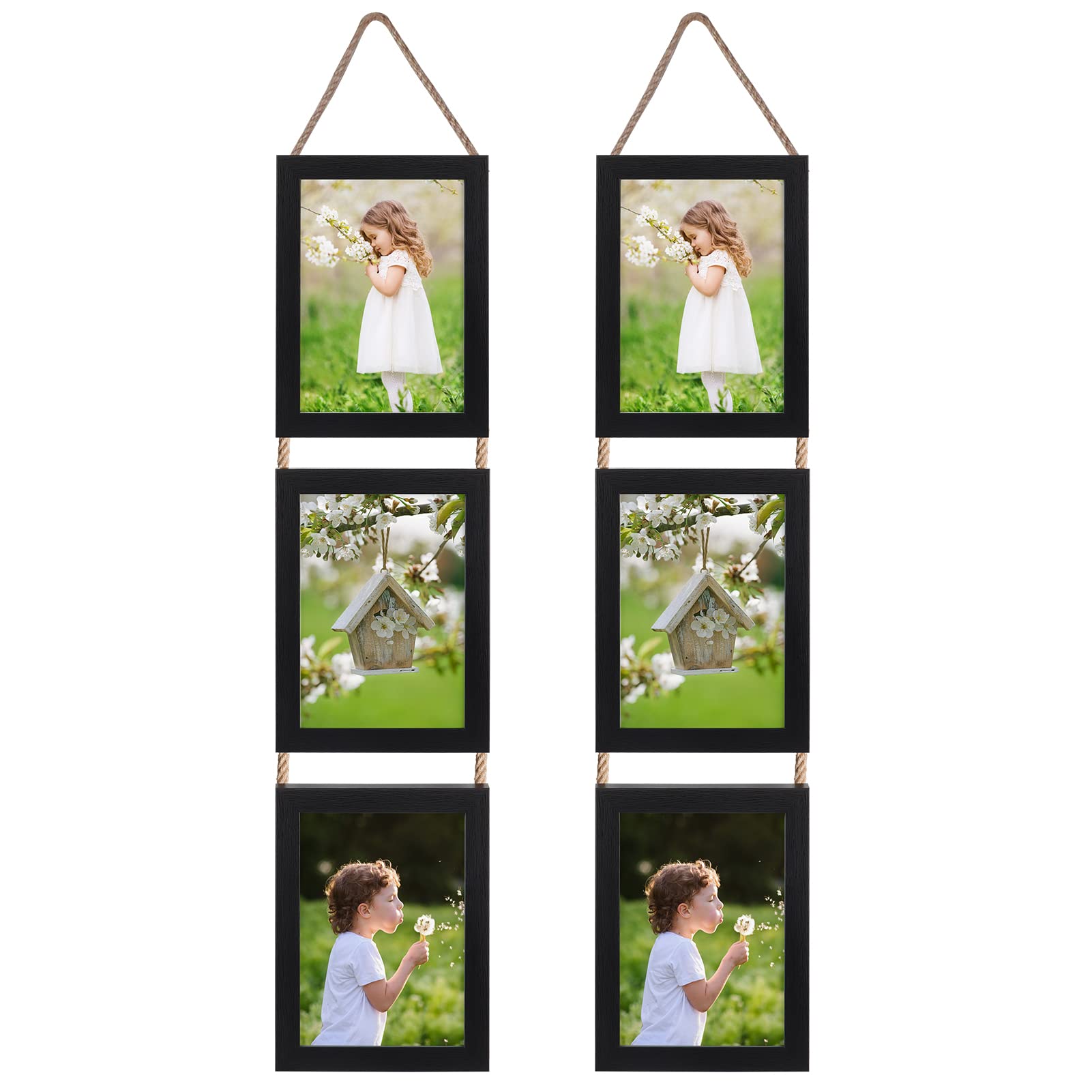 EYMPEU 7x5 Photo Frames with Twine Set of 2, Triple Vertical Black Picture Frame 7x5 for Hanging in Living Room, Bedroom, Office