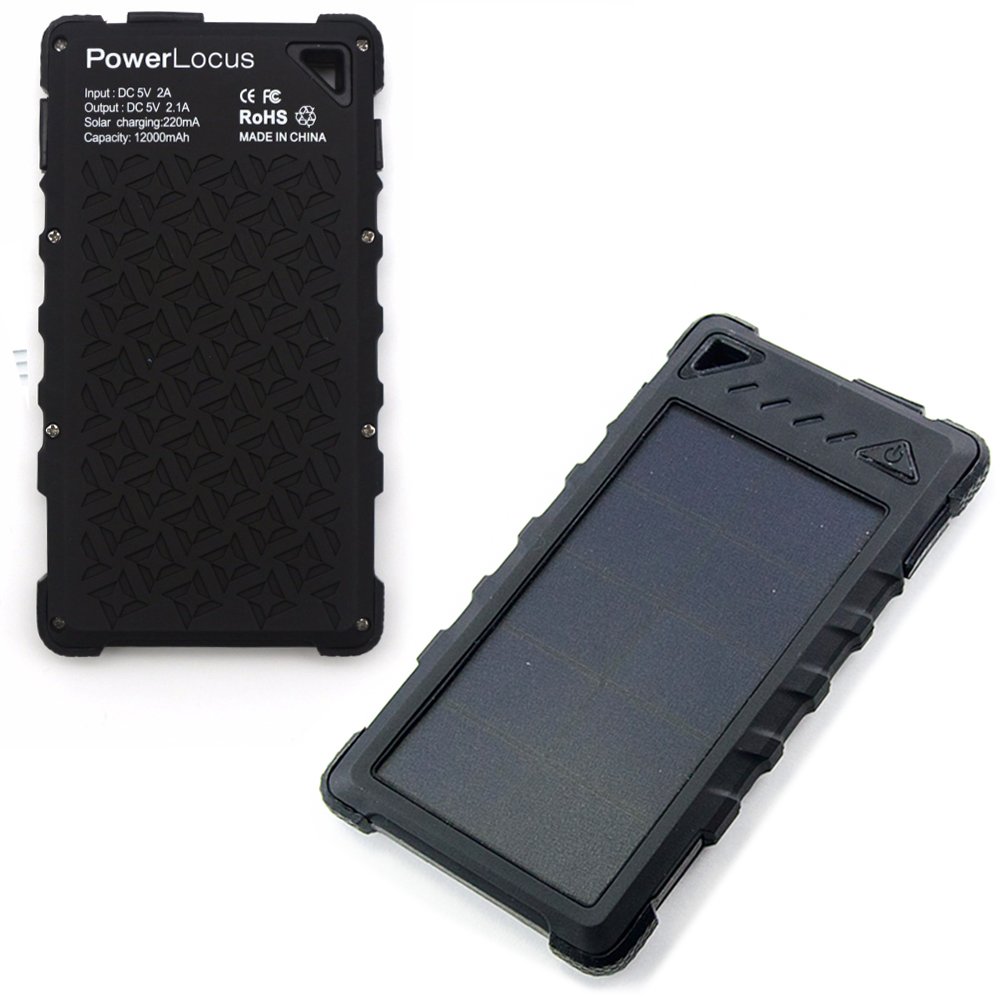 Chargeur Solaire 12000mAh, PowerLocus® Batterie Externe pour Voyage Extérieure pour iPhone Android Samsung téléphone, Dual USB Port Universels Imperméable Intempéries, à la poussière et aux chocs avec Portable Solaire Panneau Téléphone Batt