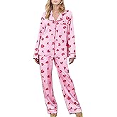Argeousgor Women Cute Heart Silk Satin Pajamas Set Button Down Shirt Pants Cute Heart Print Pjs Lounge Set Sleepwear