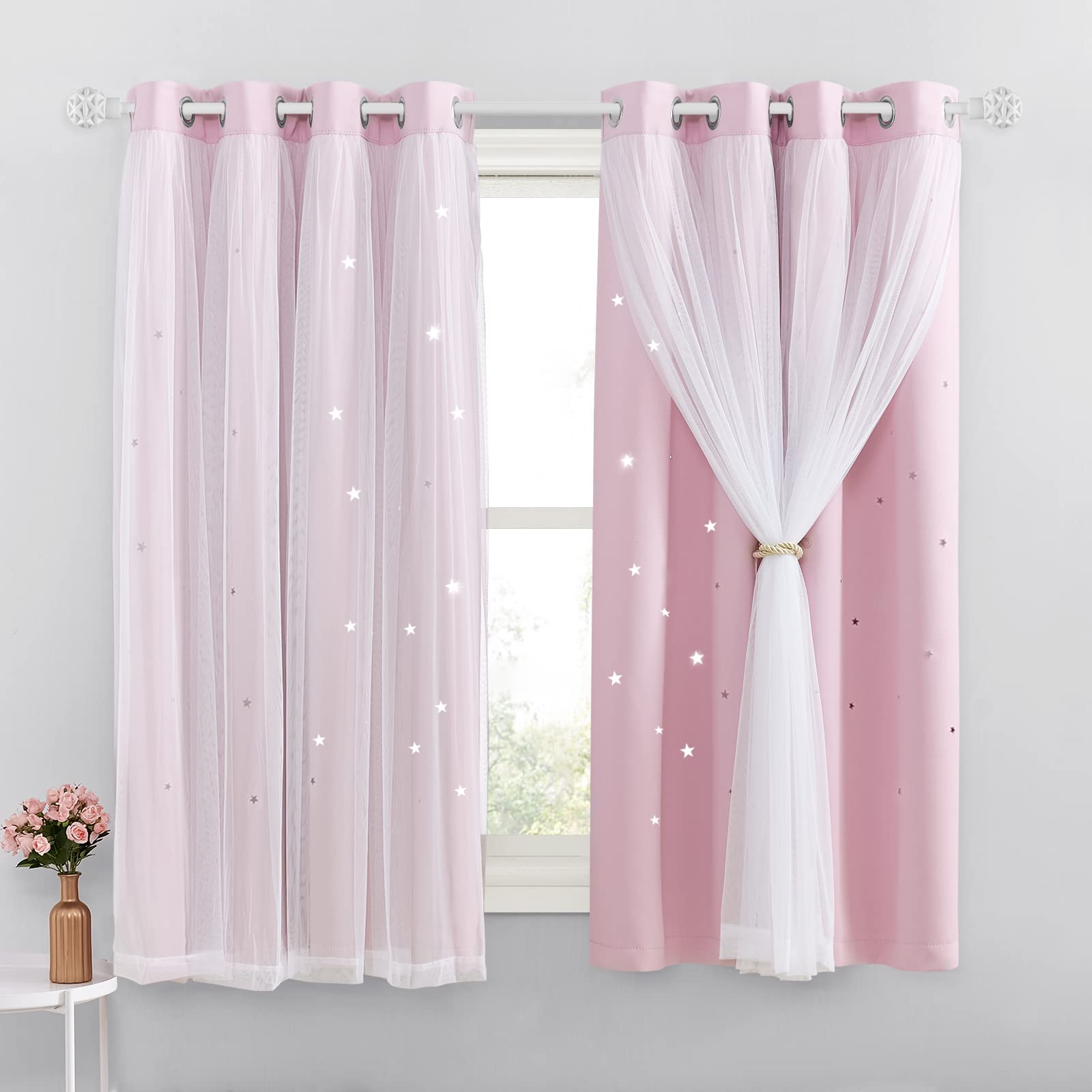NICETOWN Blackout Curtains for Bedroom - Stars Cut Out Curtains for Kids Nursery Girls Living Room Thermal Curtains Drapery with Eyelet for Windows, 2 Panels, W52 x L63 Inch (132x160 cm), Pink