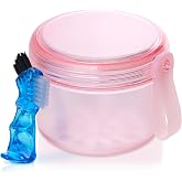 Denture Case, Leakproof Denture Soaking &amp; Retainer Cleaning Container Cup | With Strainer Basket for Cleaning Full &amp; Partial Dentures, Retainer, Mouthguard, Kit: Denture Cleaner Brush-Transparent Pink