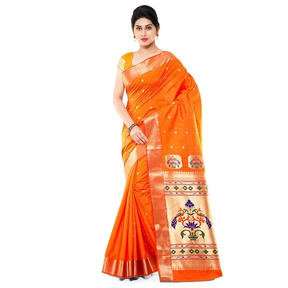 Women's | Semi-Paithani | Soft Silk| Big Peacock Design| Kanjivaram| | Zari Butta Pattern | Weaving Border Saree with Unstitched Blouse Piece