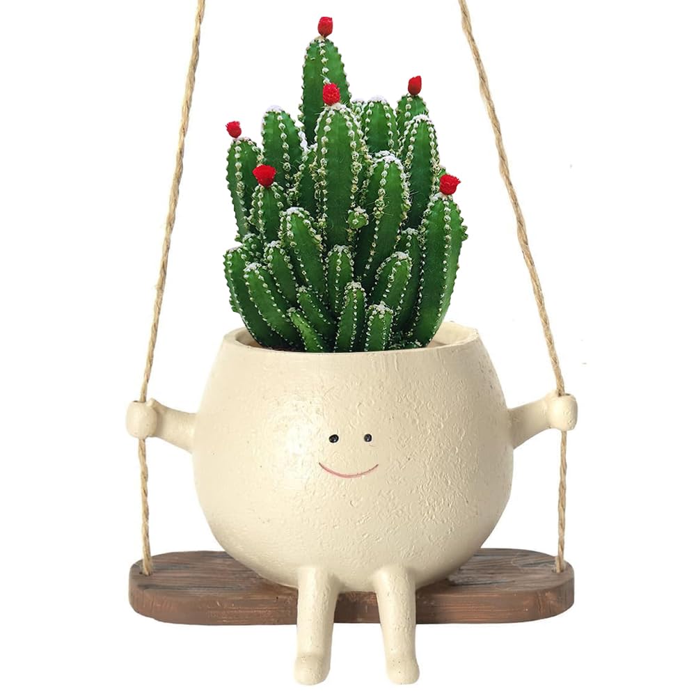 KUIZHEN Swing Face Planter Pot, Smile Face Hanging Plant Pot Resin Head Planters Hangable Resin Face Flower Pot Decorative Plant Pot for Home Office Balcony Garden Decor