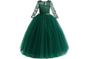 IWEMEK Flower Girls Long Lace Bridesmaid Dress 3/4 Sleeves Floor Length Wedding Party Evening Formal Pegeant Maxi Tulle Ball Gowns