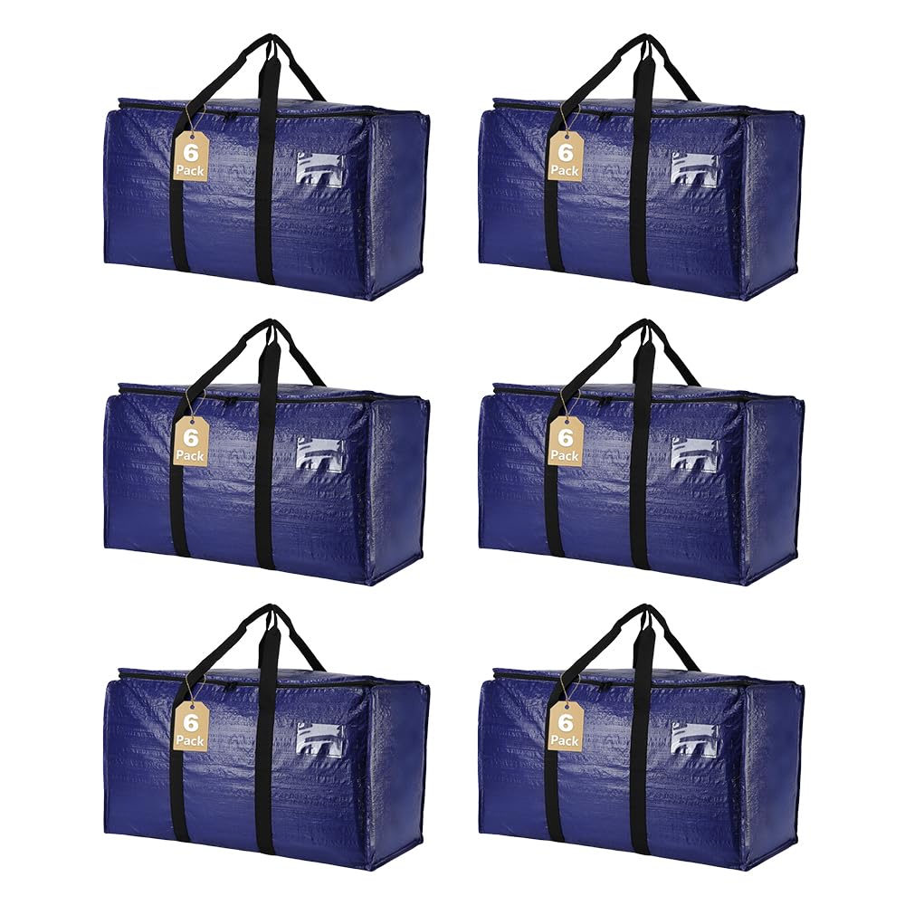 Cryster 6 Pack Moving Bags Heavy Duty, Extra Large Storage Totes Bag with Zippers and Sturdy Handles, Packing Bags for Moving, Storage, Travel, Space Saving, Moving Boxes College Essentials Blue