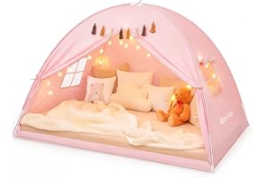 Gorich Twin Bed Tent for Kids, Indoor Privacy Toddler Sleeping Canopy with Mesh Window, Fits Bunk or Floor Bed, Include Star Lights & Tassels, Cozy Playhouse for Boys Girls Birthday
