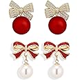 PINCHUAN Gold Bow Earrings Pink Small Classic Bow Stud Earrings for Women Dainty Pearl Bow Dangle Earrings Hypoallergenic Gold Earrings Christmas Bow Earring for Women