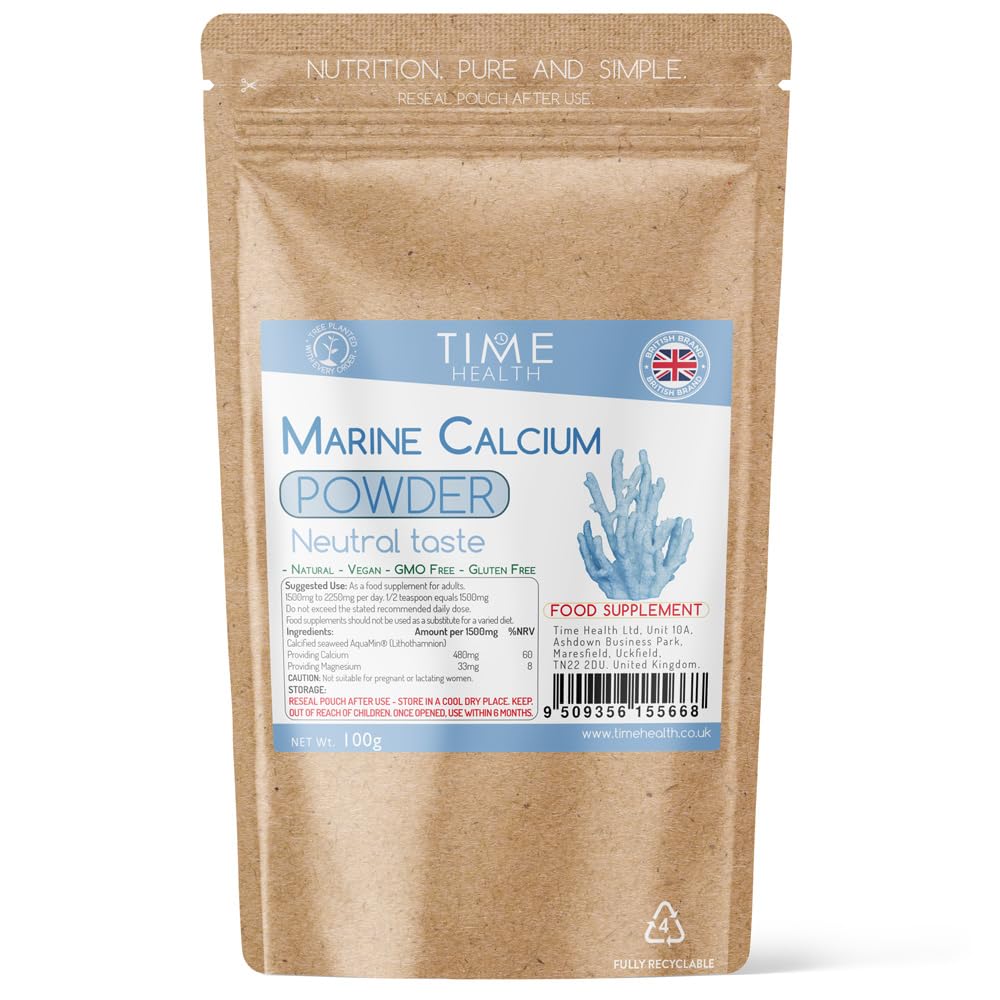 Marine Calcium and Trace Minerals 100g Powder – Neutral Taste – AquaMin® – Red Alga Lithothamnium calcareum – GMP – UK Made - Zero Additives (100g Pouch)