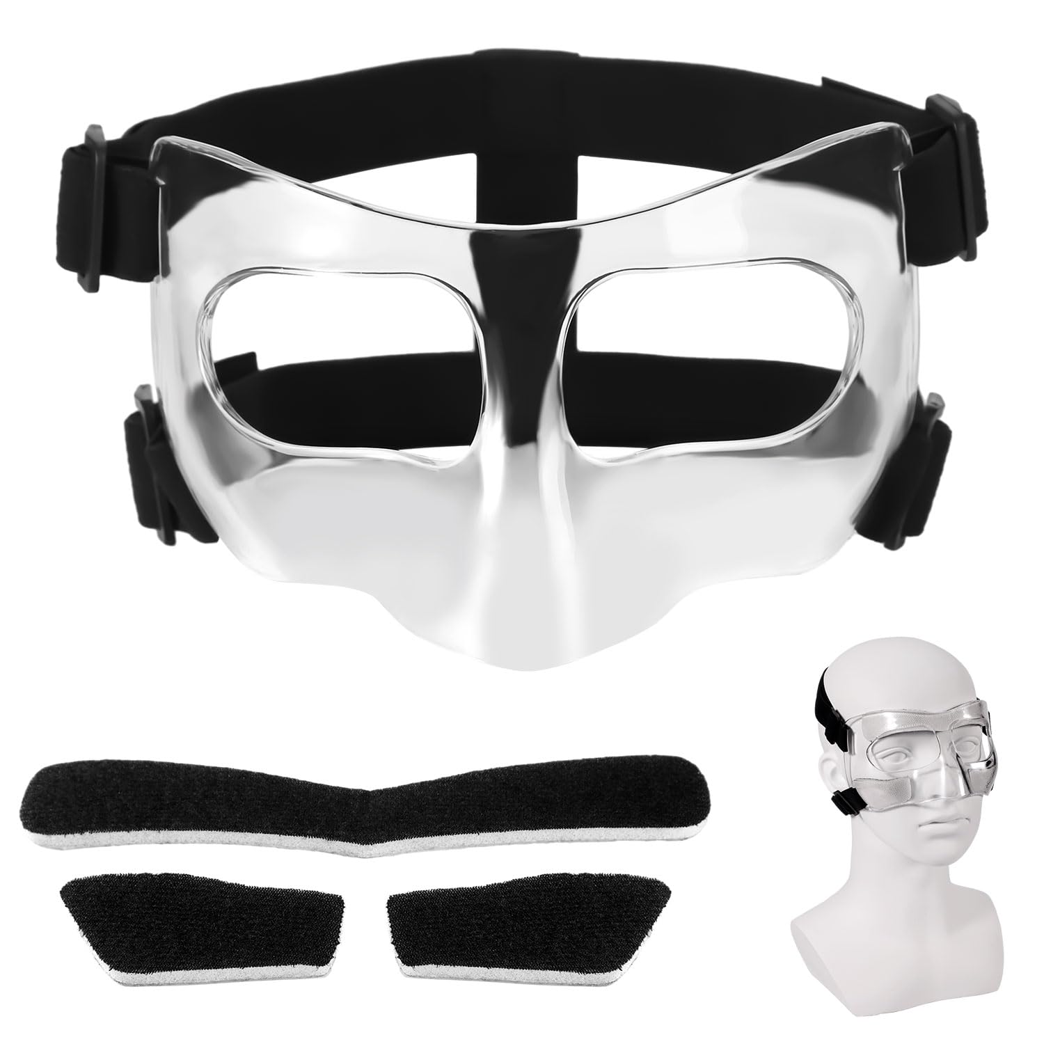 Nose Guard for Broken Nose, 5.9x3.74in Adjustable Face Shield with Pads Face Guard Sports Training Face Mask Nose Protector for Adults Teens Child Basketball Soccer Baseball (Clear)