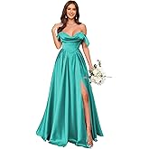 homdor Off Shoulder Satin Bridesmaid Dresses Long Pleated Formal Dresses A Line Evening Gowns with Slit