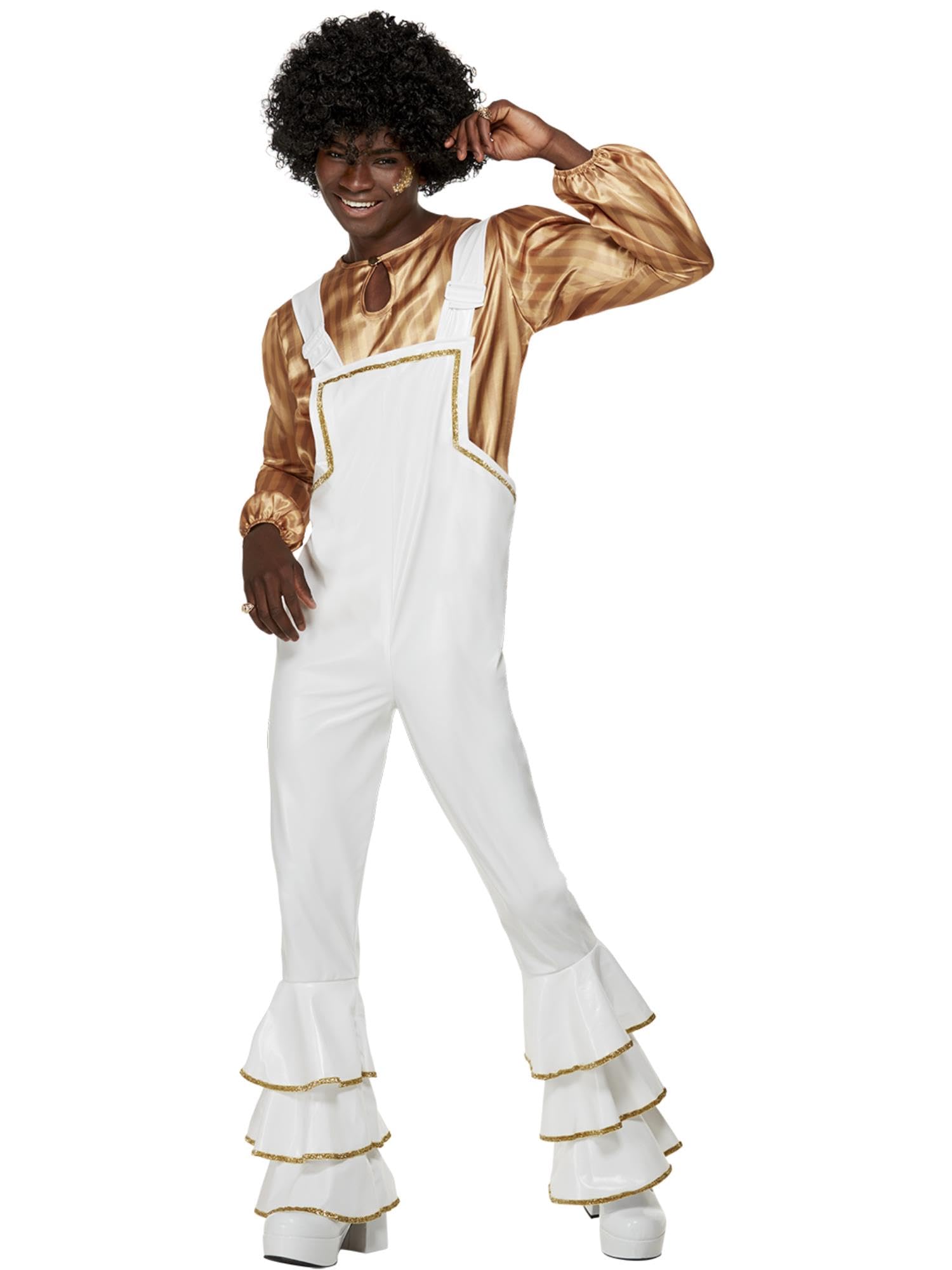Smiffys 70s Glam Costume, White Shirt & Dungarees, 1970's Disco Fancy Dress, 1970s Dress Up Costumes