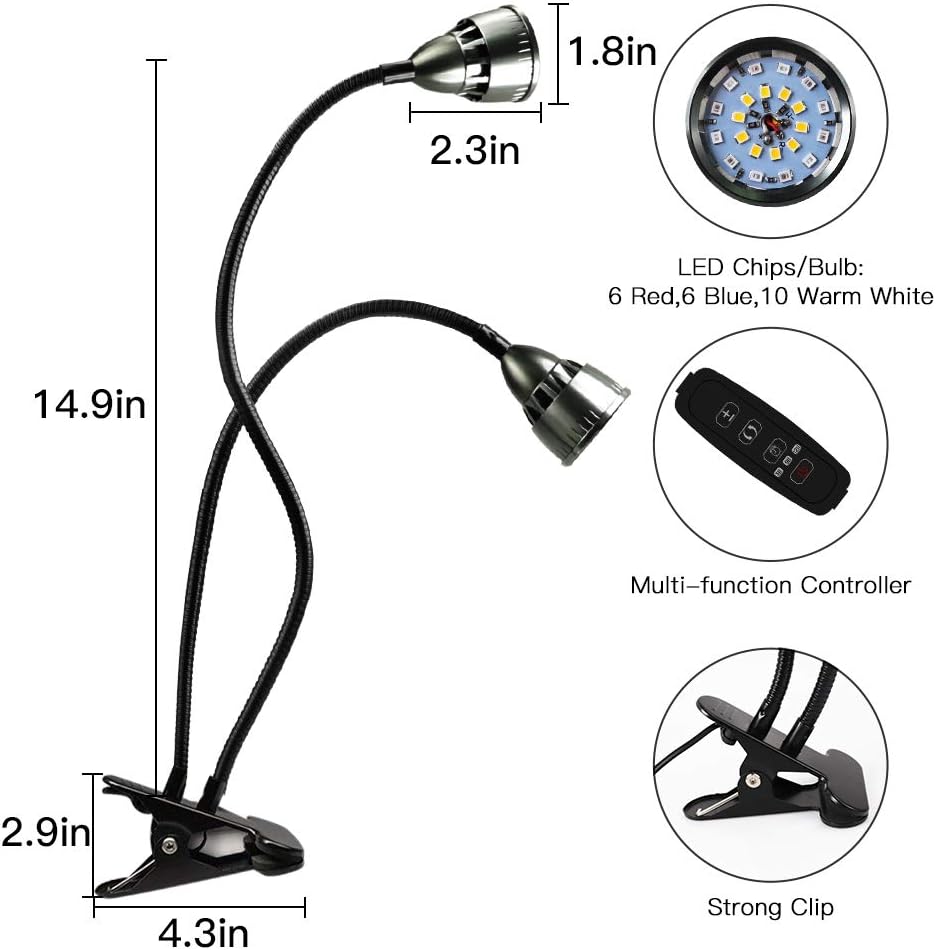 LED Grow Light for Indoor Plant,360° Gooseneck Dual Head Clip-on Plant Lights for Seedlings Succulents Micro-Greens,Timer Function (3 Modes & 10-Level Brightness): Home Improvement