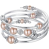 Beaded Pearl Bangle Wrap Bracelet - Fashion Bohemian Jewelry Multilayer Charm Bracelet with Thick Silver Metal Beads, Gift For Women