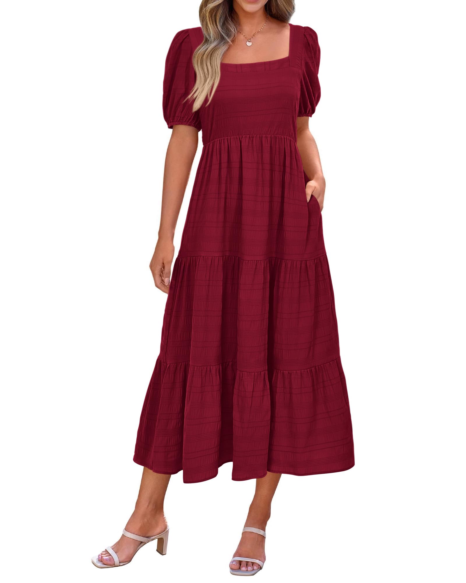 PRETTYGARDEN Women's Summer Dresses Cute Puff Sleeve Square Neck Smocked A Line Flowy Loose Fit Maxi Dress with Pockets(Wine Red,Medium)