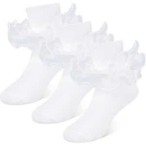 GENTABY 3 Pairs Girls Ruffle Socks Double Lace Socks for Kids 1-10 Years | Cotton blend, breathable, frilly double-layer lace