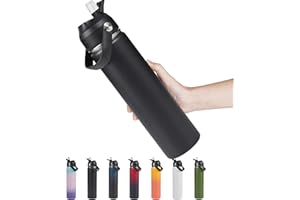 Fijinhom 24oz Insulated Stainless Steel Water Bottle, Wide Mouth Double Wall Vacuum, Silicone Straw, Sweat & Leak Proof, BPA Free Insulated Water Flask for Travel, Keep Cold 24h Hot 12h, Black